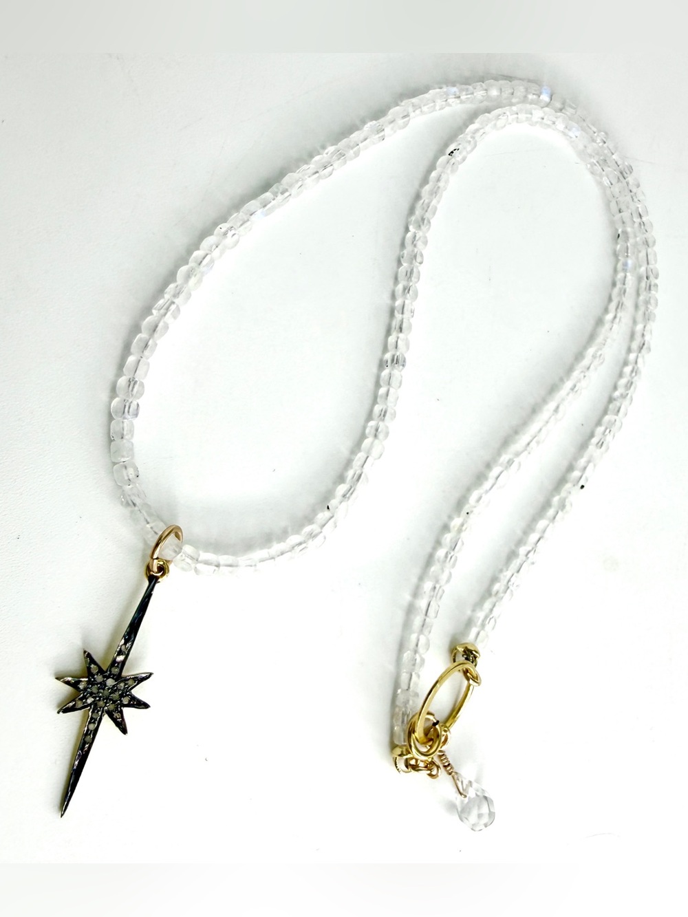Natural Raindow Moonstone Creamy White Necklace, Pave’ Diamond Sunburst Pendant